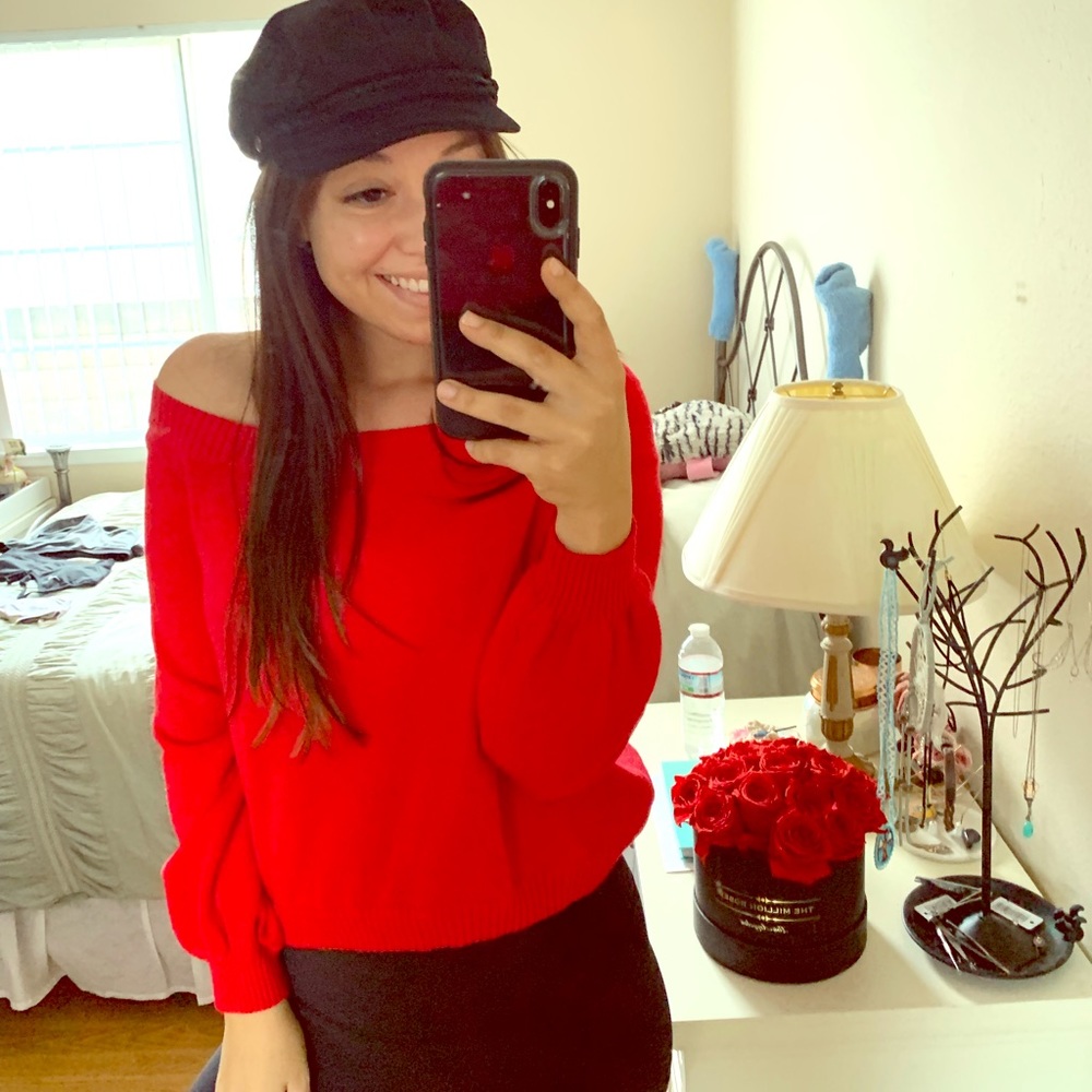 Off the shoulder red sweater